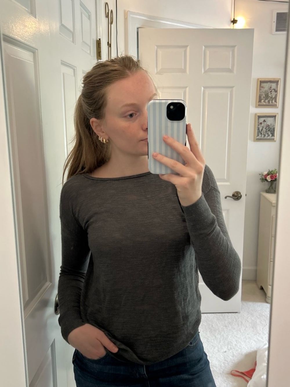 LOFT Charcoal Long-Sleeve Lightweight Knit Top